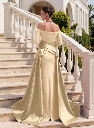 Sheath/Column Off-The-Shoulder Long Sleeves Sweep Train Evening Dresses With Overskirt Dress