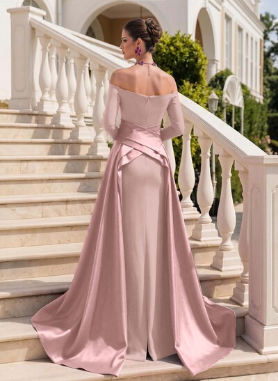 Sheath/Column Off-The-Shoulder Long Sleeves Sweep Train Evening Dresses With Overskirt Dress