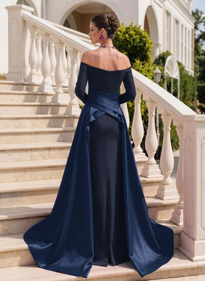 Sheath/Column Off-The-Shoulder Long Sleeves Sweep Train Evening Dresses With Overskirt Dress