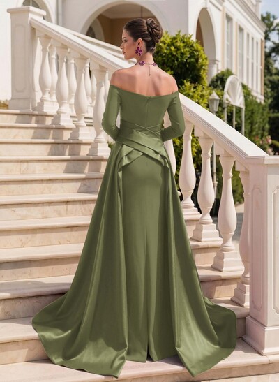Sheath/Column Off-The-Shoulder Long Sleeves Sweep Train Evening Dresses With Overskirt Dress