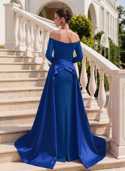 Sheath/Column Off-The-Shoulder Long Sleeves Sweep Train Evening Dresses With Overskirt Dress