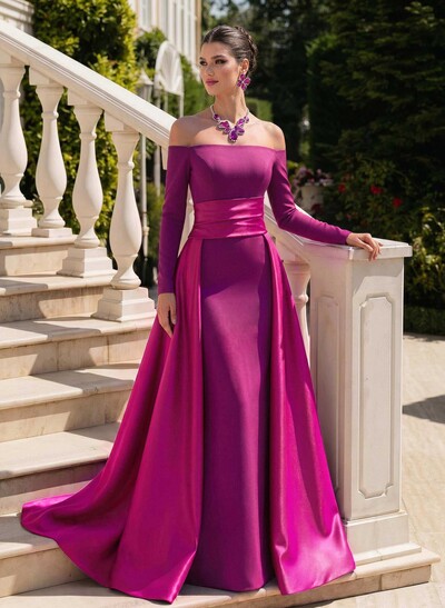Sheath/Column Off-The-Shoulder Long Sleeves Sweep Train Evening Dresses With Overskirt Dress