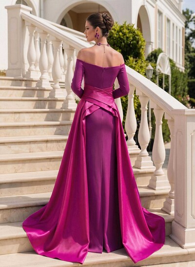 Sheath/Column Off-The-Shoulder Long Sleeves Sweep Train Evening Dresses With Overskirt Dress