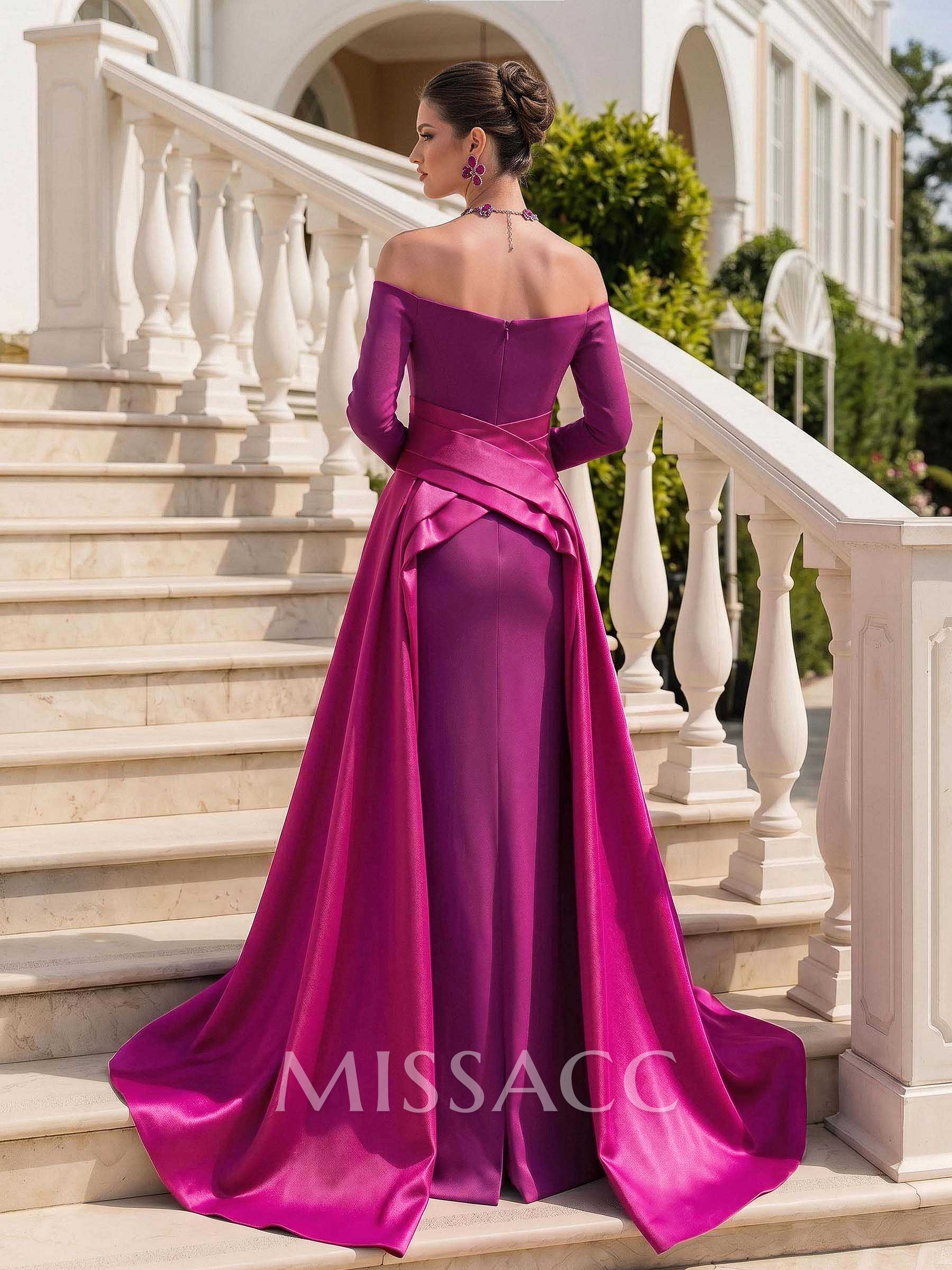 Sheath/Column Off-The-Shoulder Long Sleeves Sweep Train Evening Dresses With Overskirt Dress