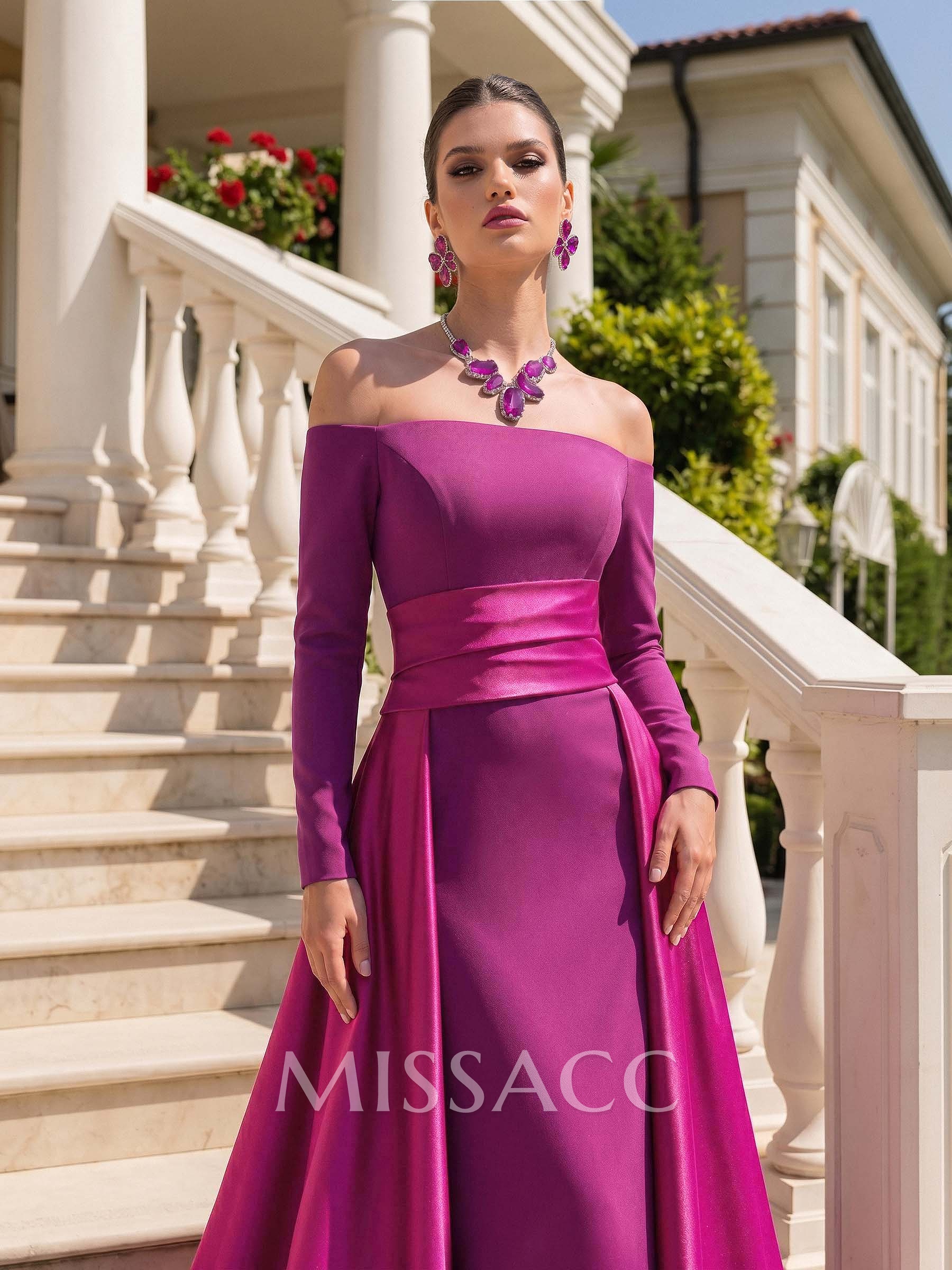 Sheath/Column Off-The-Shoulder Long Sleeves Sweep Train Evening Dresses With Overskirt Dress