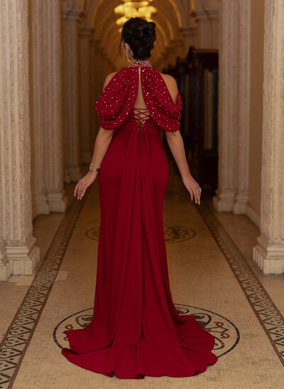 Trumpet/Mermaid Halter Sleeveless Sweep Train Elastic Satin Evening Dresses With Beading