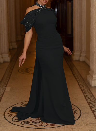 Trumpet/Mermaid Halter Sleeveless Sweep Train Elastic Satin Evening Dresses With Beading