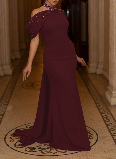 Trumpet/Mermaid Halter Sleeveless Sweep Train Elastic Satin Evening Dresses With Beading