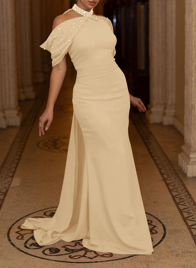Trumpet/Mermaid Halter Sleeveless Sweep Train Elastic Satin Evening Dresses With Beading