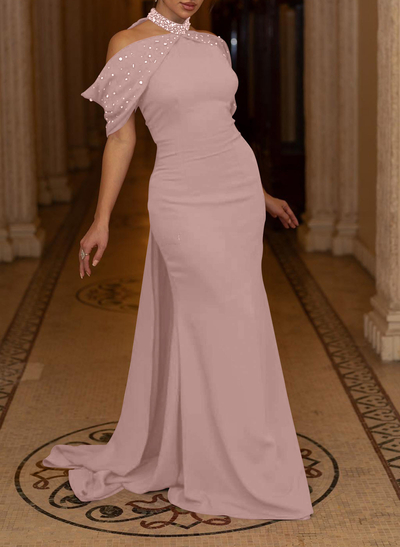 Trumpet/Mermaid Halter Sleeveless Sweep Train Elastic Satin Evening Dresses With Beading