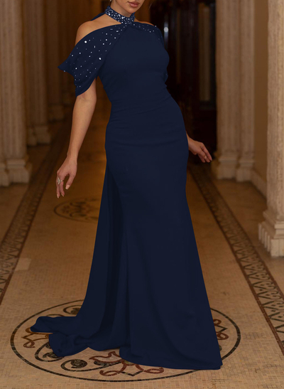 Trumpet/Mermaid Halter Sleeveless Sweep Train Elastic Satin Evening Dresses With Beading