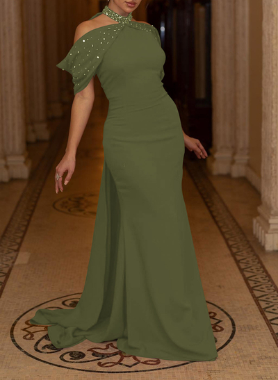 Trumpet/Mermaid Halter Sleeveless Sweep Train Elastic Satin Evening Dresses With Beading