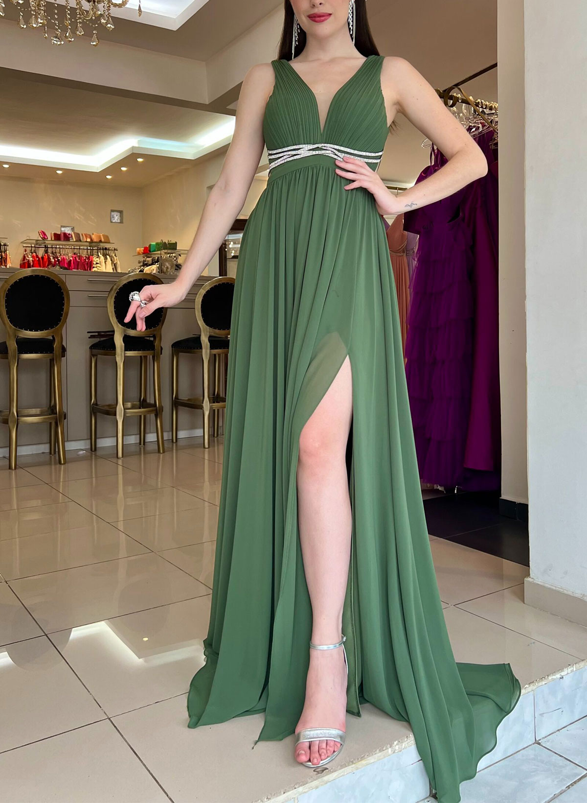 A-Line Plunge Neck Sleeveless Floor-Length Chiffon Evening Dresses With Beading/High Split