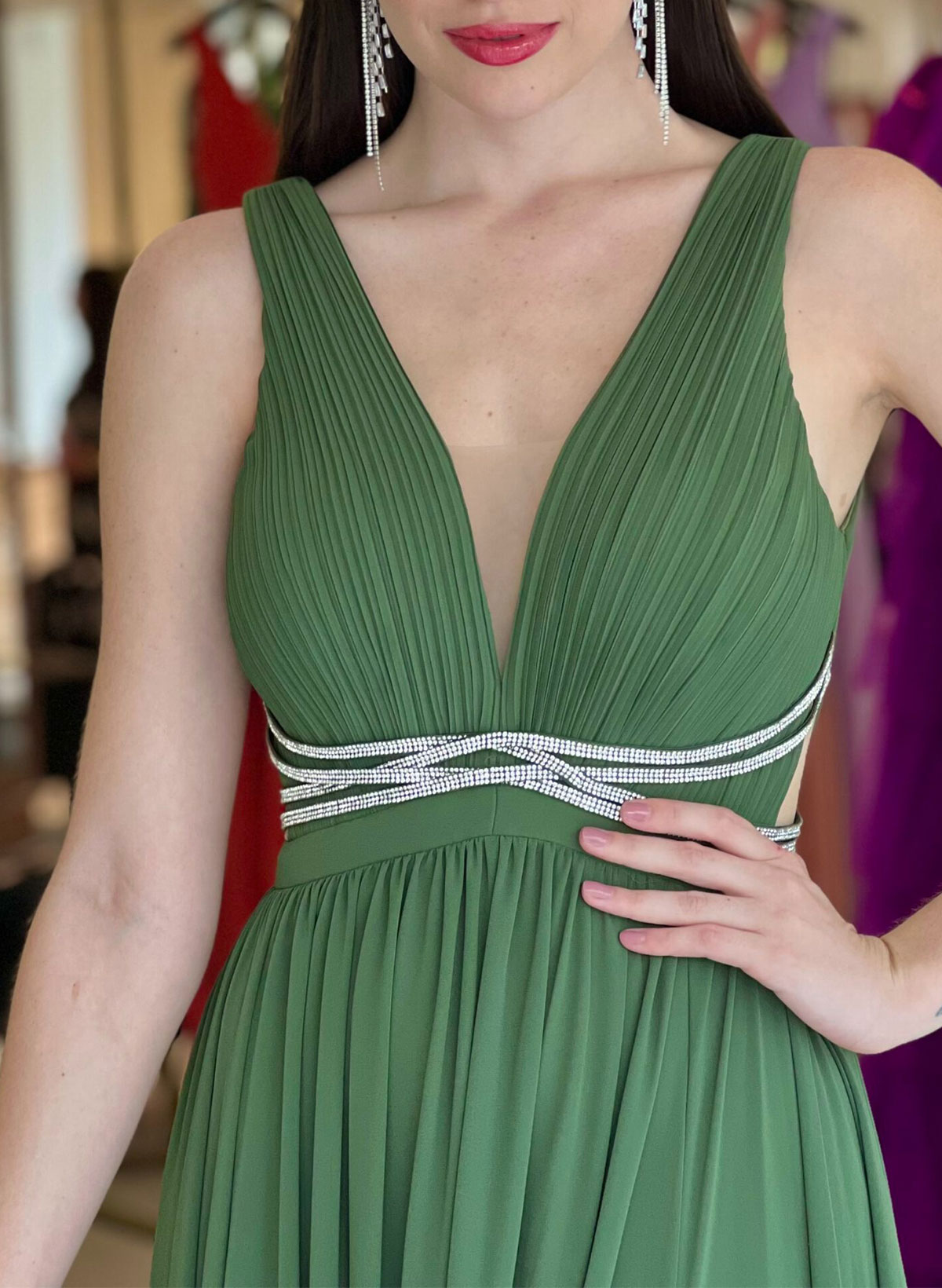 A-Line Plunge Neck Sleeveless Floor-Length Chiffon Evening Dresses With Beading/High Split