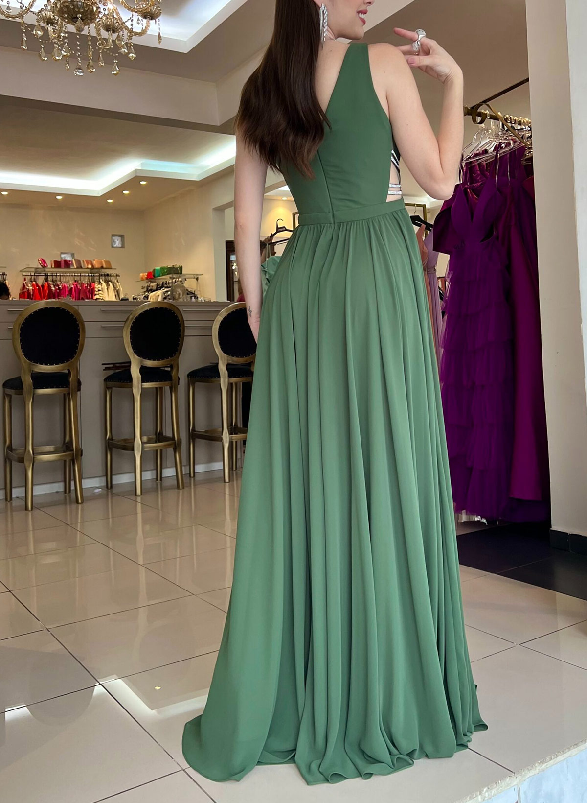 A-Line Plunge Neck Sleeveless Floor-Length Chiffon Evening Dresses With Beading/High Split
