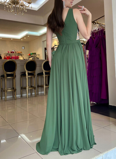 A-Line Plunge Neck Sleeveless Floor-Length Chiffon Evening Dresses With Beading/High Split