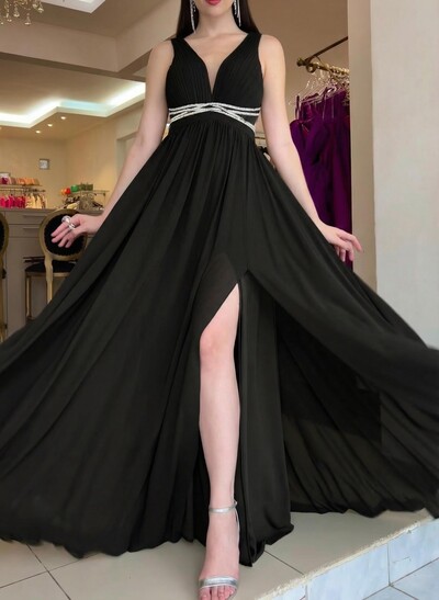 A-Line Plunge Neck Sleeveless Floor-Length Chiffon Evening Dresses With Beading/High Split