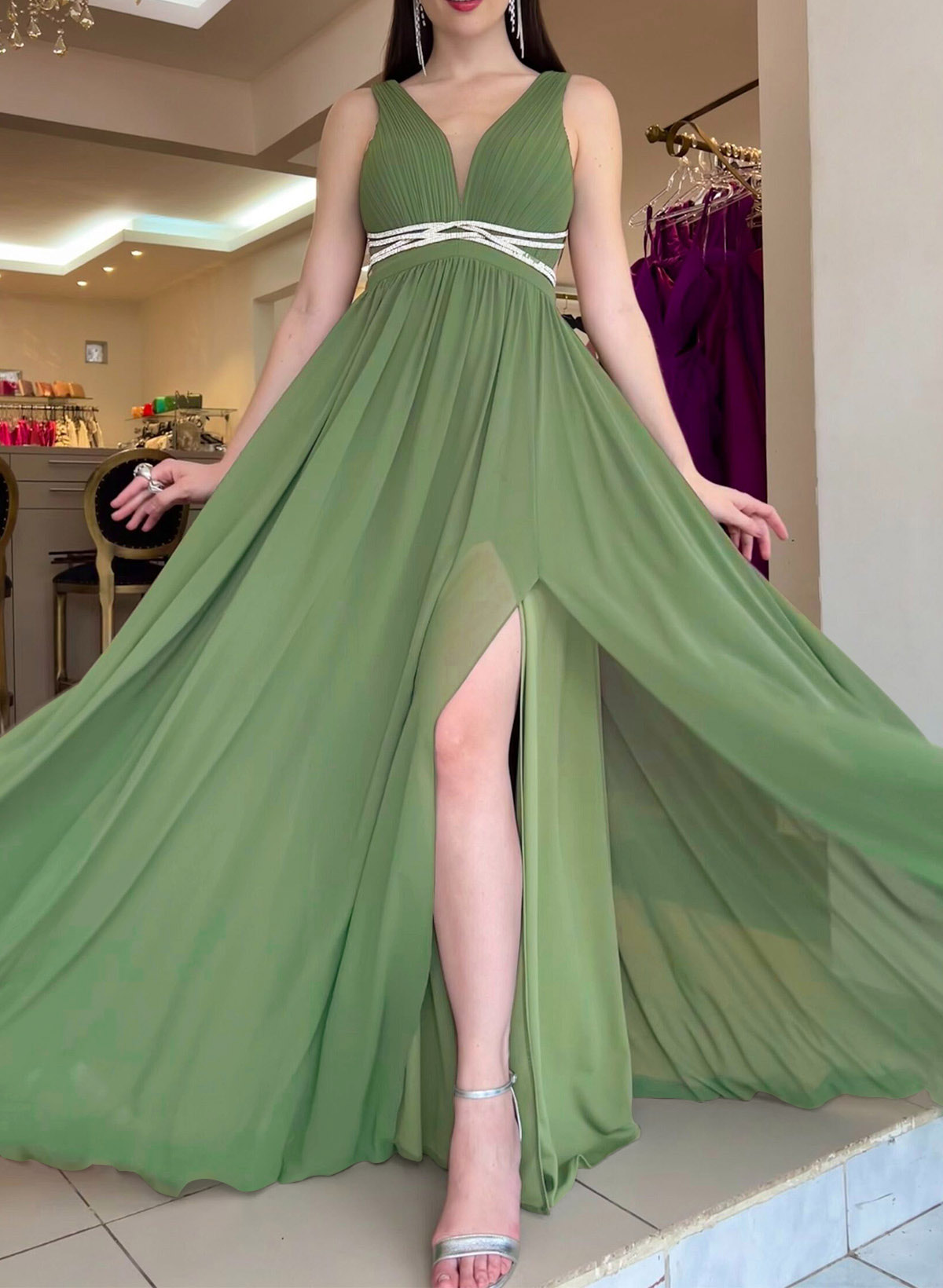 A-Line Plunge Neck Sleeveless Floor-Length Chiffon Evening Dresses With Beading/High Split