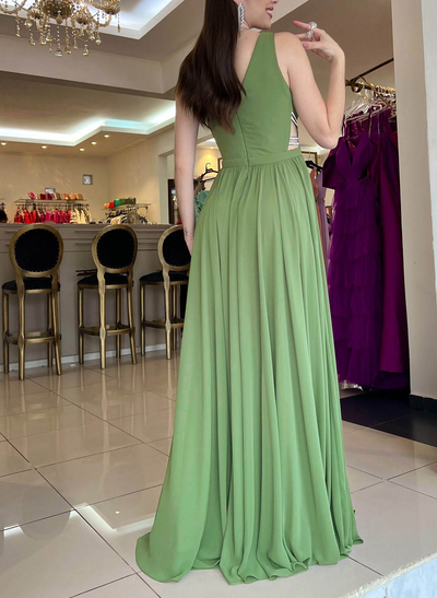 A-Line Plunge Neck Sleeveless Floor-Length Chiffon Evening Dresses With Beading/High Split