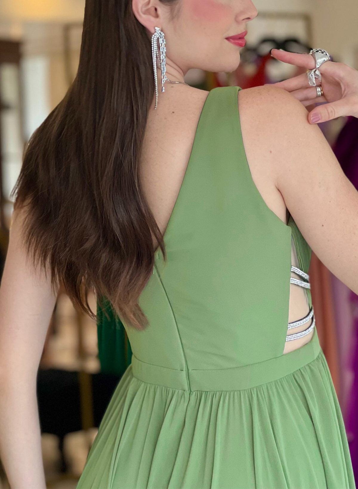 A-Line Plunge Neck Sleeveless Floor-Length Chiffon Evening Dresses With Beading/High Split