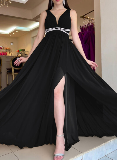 A-Line Plunge Neck Sleeveless Sweep Train Chiffon Evening Dresses With Beading/High Split
