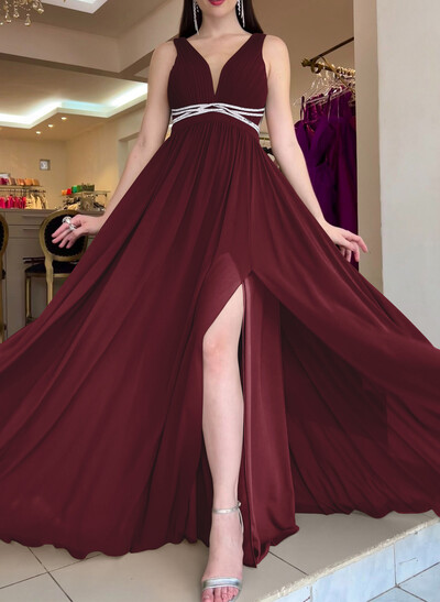 A-Line Plunging Neckline Sleeveless Chiffon Evening Dresses with Sweep Train, Beading and High Slit