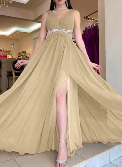 A-Line Plunging Neckline Sleeveless Chiffon Evening Dresses with Sweep Train, Beading and High Slit
