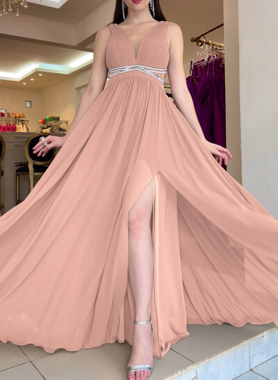 A-Line Plunge Neck Sleeveless Sweep Train Chiffon Evening Dresses With Beading/High Split