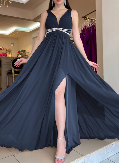 A-Line Plunging Neckline Sleeveless Chiffon Evening Dresses with Sweep Train, Beading and High Slit