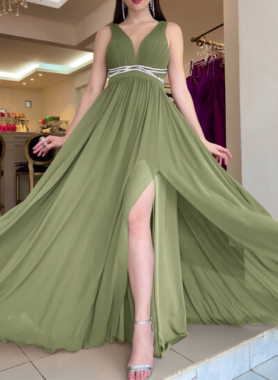 A-Line Plunging Neckline Sleeveless Chiffon Evening Dresses with Sweep Train, Beading and High Slit