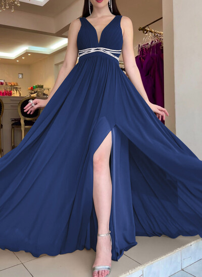 A-Line Plunge Neck Sleeveless Sweep Train Chiffon Evening Dresses With Beading/High Split