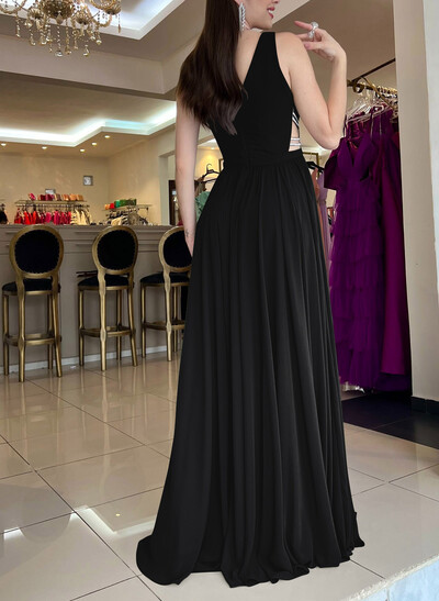 A-Line Plunge Neck Sleeveless Sweep Train Chiffon Evening Dresses With Beading/High Split