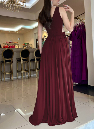 A-Line Plunging Neckline Sleeveless Chiffon Evening Dresses with Sweep Train, Beading and High Slit