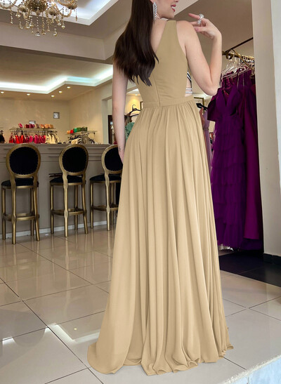 A-Line Plunging Neckline Sleeveless Chiffon Evening Dresses with Sweep Train, Beading and High Slit
