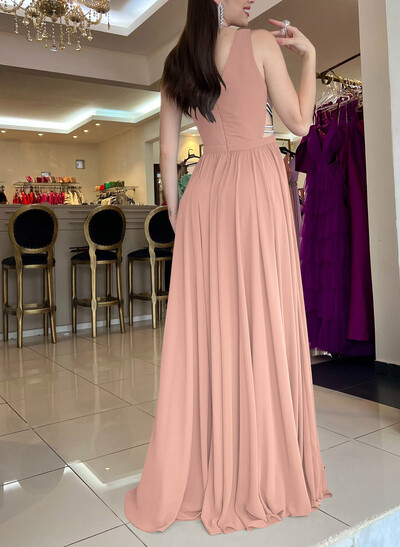 A-Line Plunge Neck Sleeveless Sweep Train Chiffon Evening Dresses With Beading/High Split