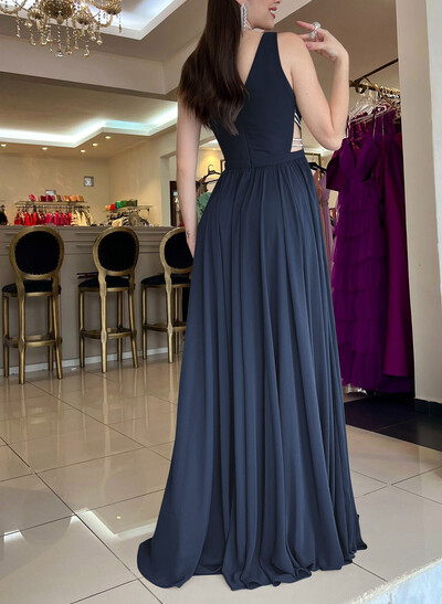 A-Line Plunging Neckline Sleeveless Chiffon Evening Dresses with Sweep Train, Beading and High Slit