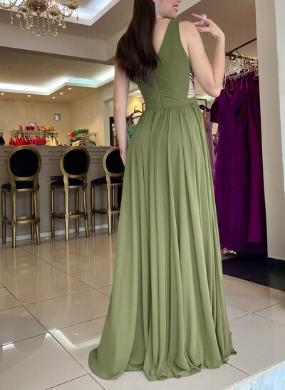 A-Line Plunging Neckline Sleeveless Chiffon Evening Dresses with Sweep Train, Beading and High Slit