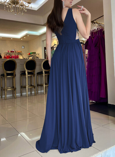 A-Line Plunge Neck Sleeveless Sweep Train Chiffon Evening Dresses With Beading/High Split