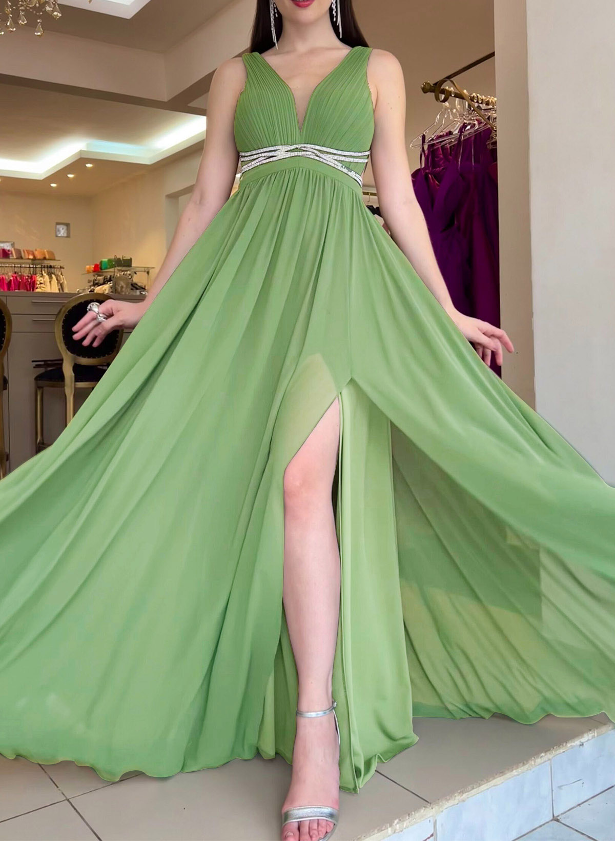 A-Line Plunge Neck Sleeveless Sweep Train Chiffon Evening Dresses With Beading/High Split