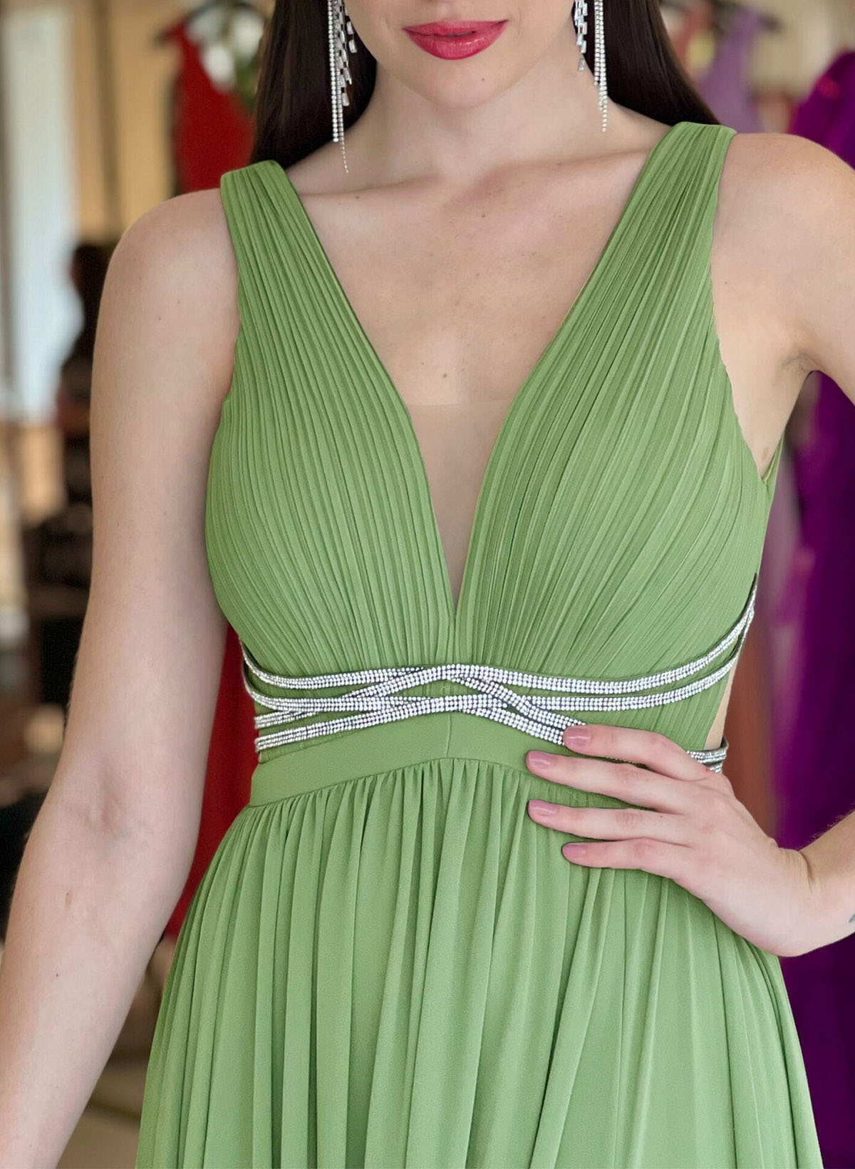 A-Line Plunge Neck Sleeveless Sweep Train Chiffon Evening Dresses With Beading/High Split