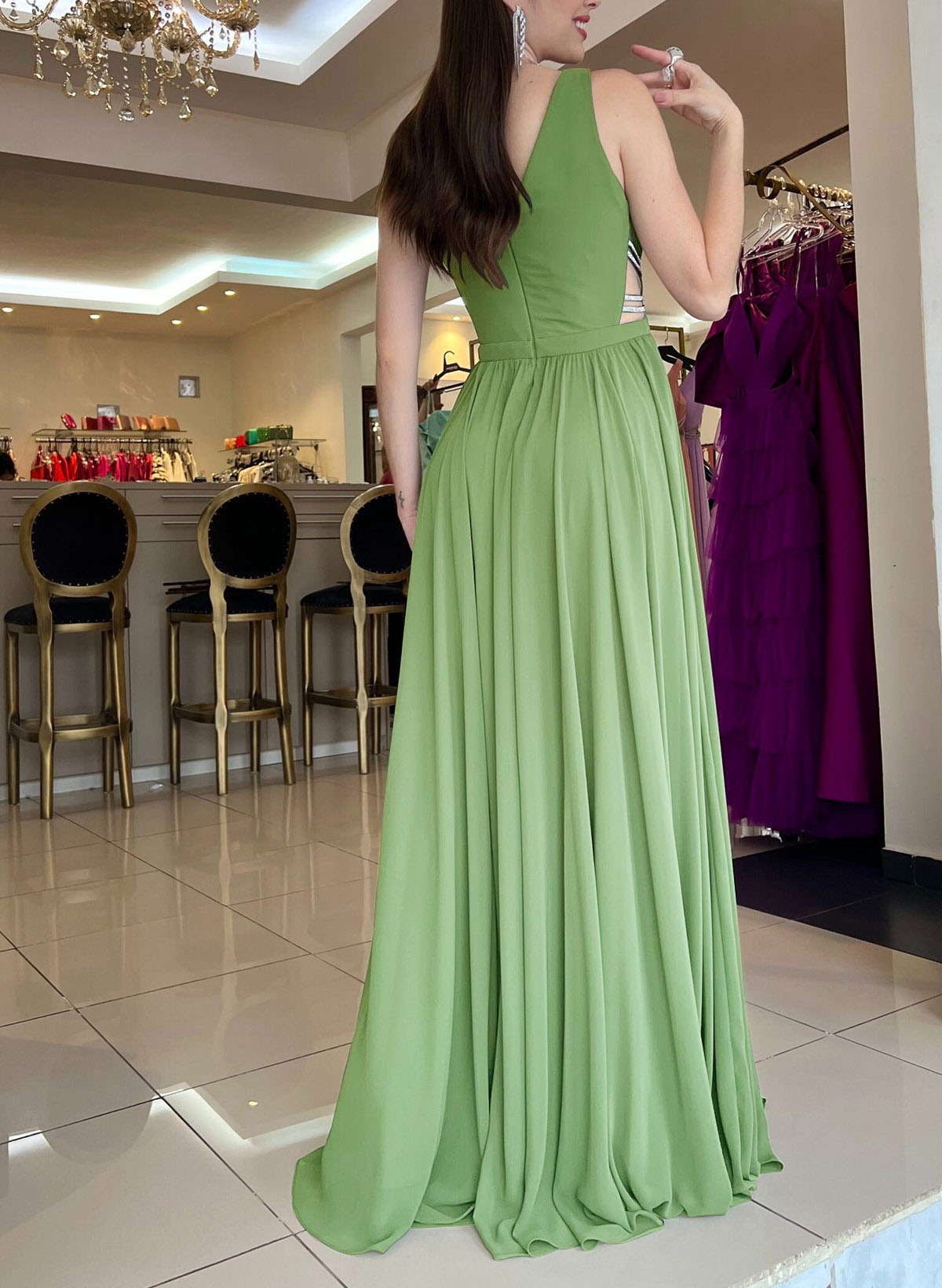 A-Line Plunge Neck Sleeveless Sweep Train Chiffon Evening Dresses With Beading/High Split