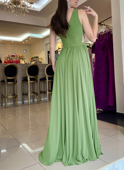 A-Line Plunge Neck Sleeveless Sweep Train Chiffon Evening Dresses With Beading/High Split