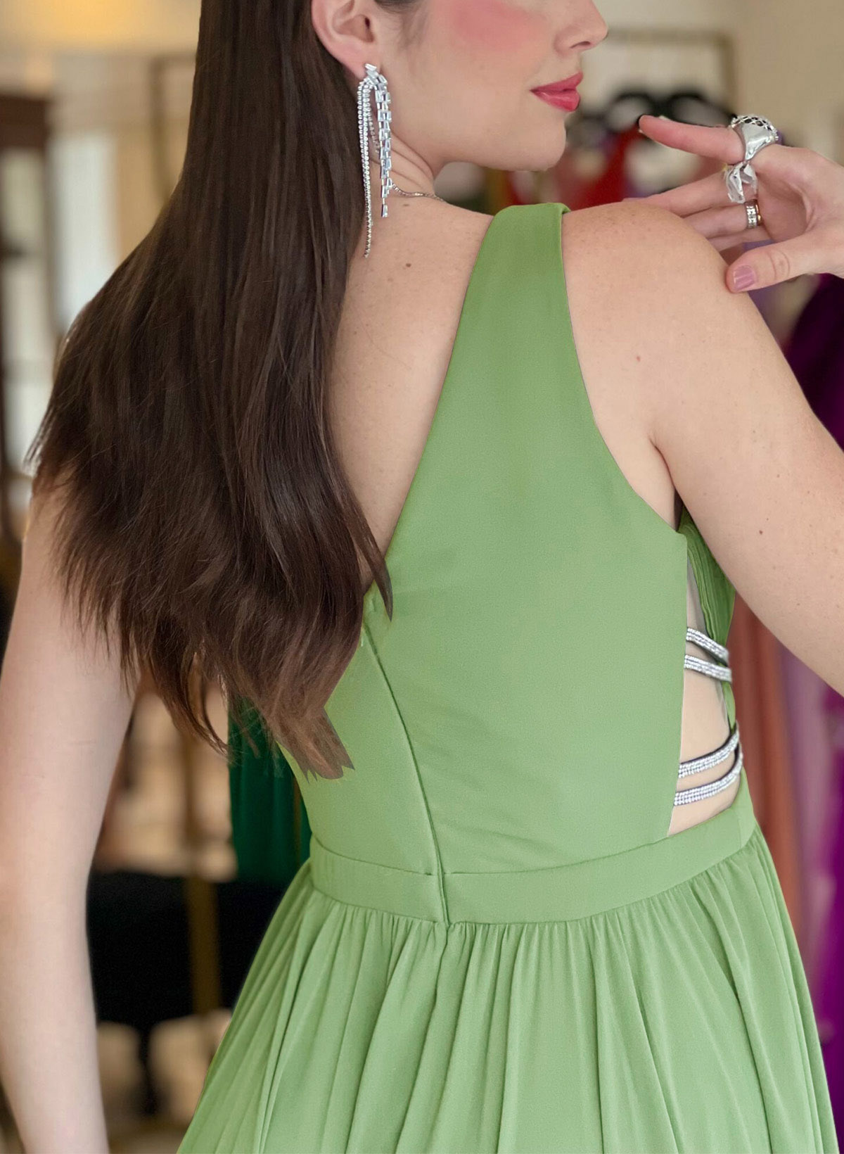 A-Line Plunge Neck Sleeveless Sweep Train Chiffon Evening Dresses With Beading/High Split