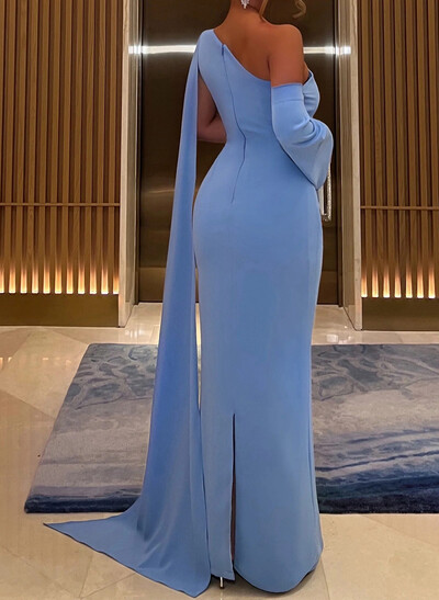 Sheath/Column One-Shoulder Elastic Satin Evening Dresses With Sweeping Side Drape/Back Slit