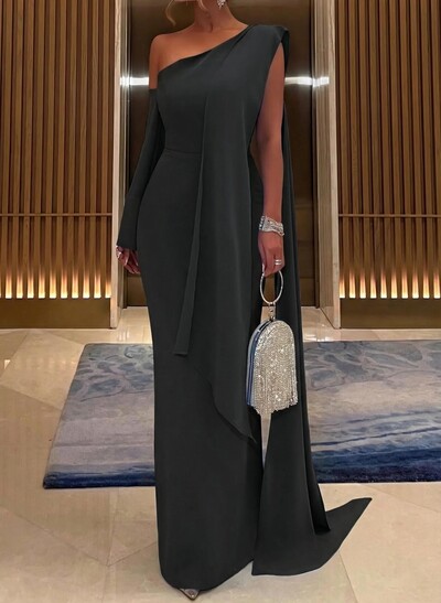 Sheath/Column One-Shoulder Elastic Satin Evening Dresses With Sweeping Side Drape/Back Slit