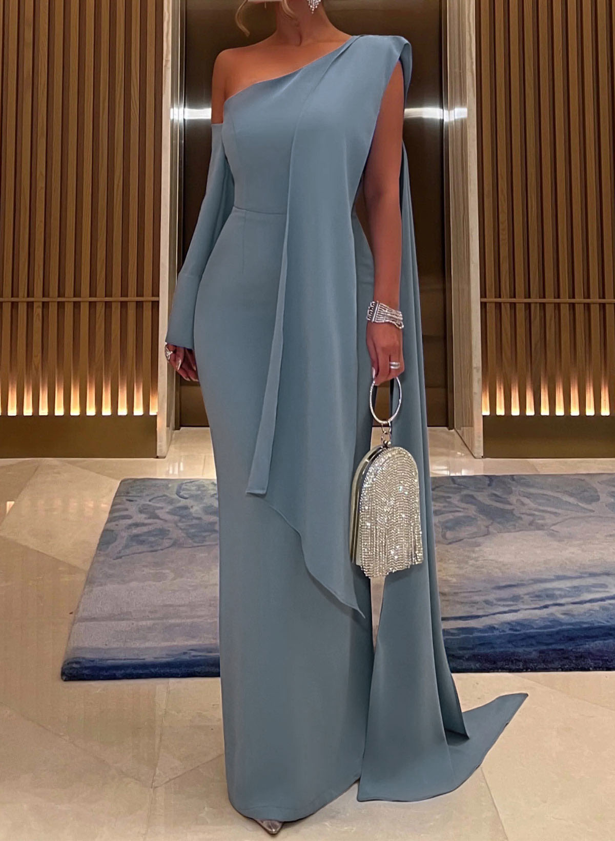 Sheath/Column One-Shoulder Elastic Satin Evening Dresses With Sweeping Side Drape/Back Slit