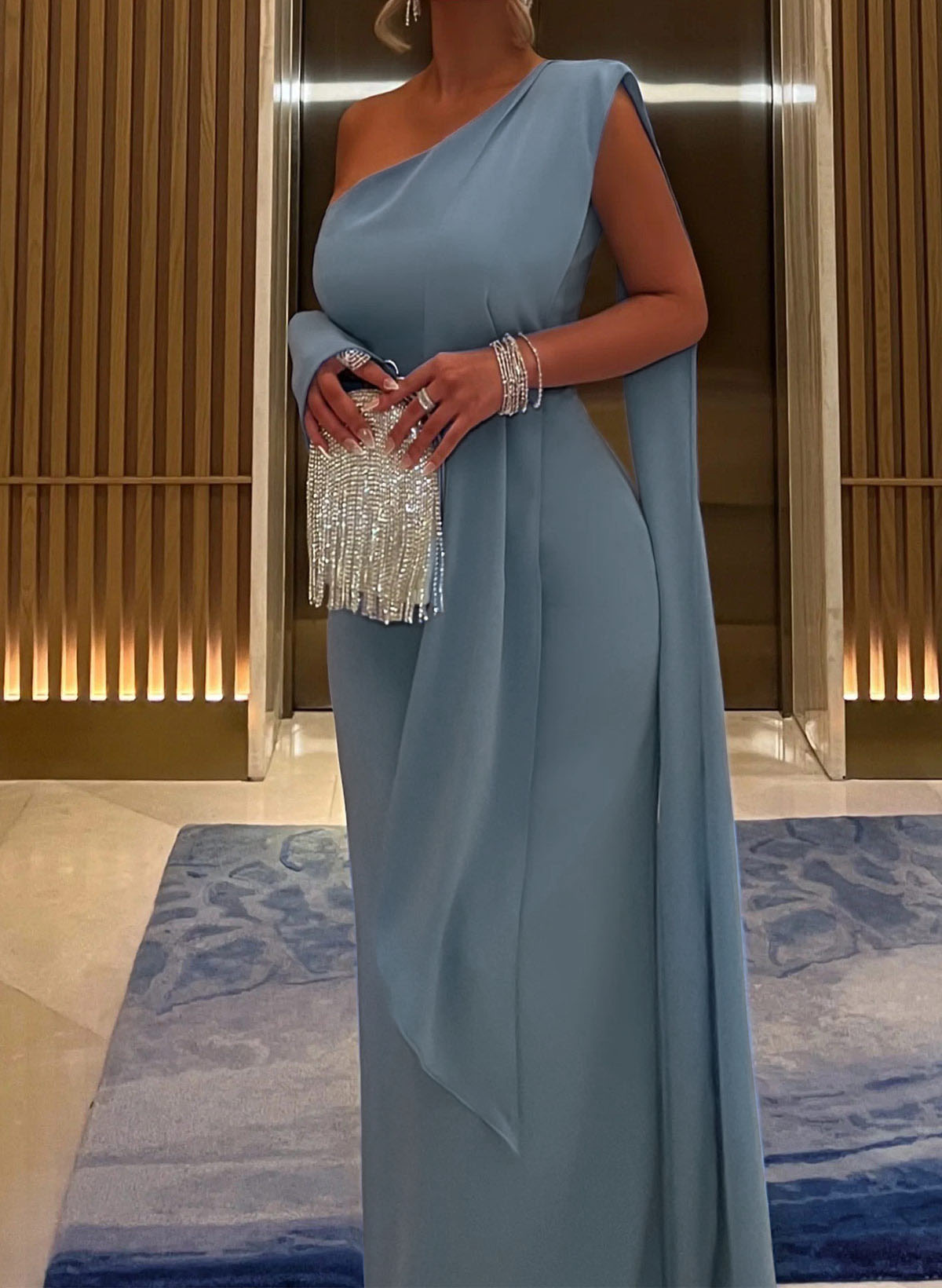 Sheath/Column One-Shoulder Elastic Satin Evening Dresses With Sweeping Side Drape/Back Slit