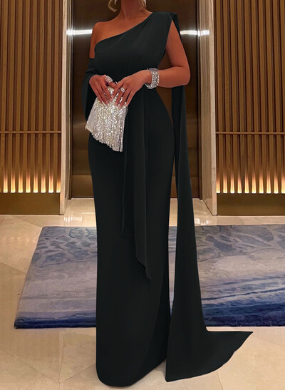 Sheath/Column One-Shoulder Elastic Satin Evening Dresses With Sweeping Side Drape/Back Slit