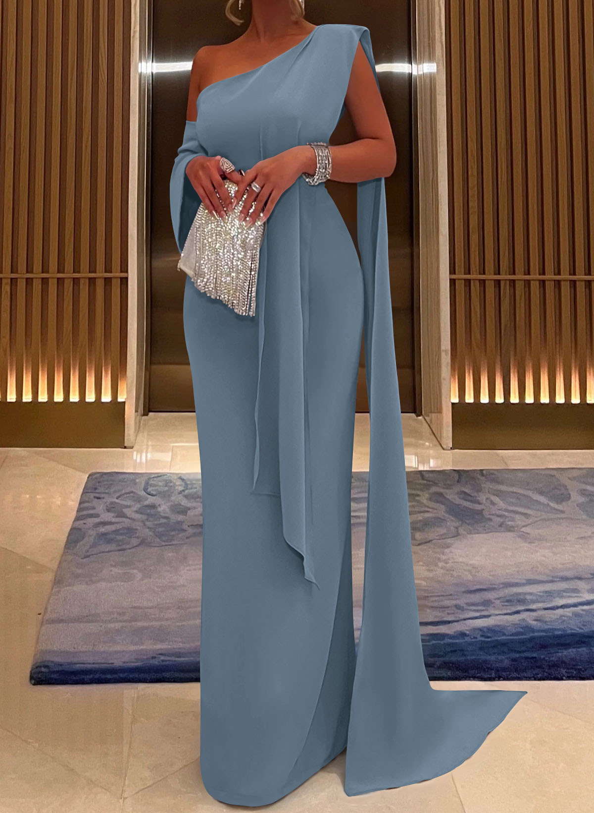 Sheath/Column One-Shoulder Elastic Satin Evening Dresses With Sweeping Side Drape/Back Slit