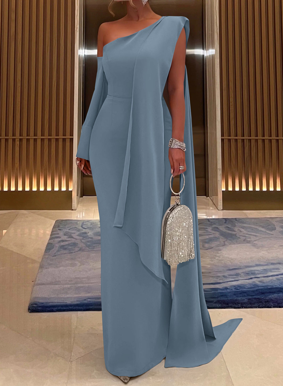 Sheath/Column One-Shoulder Elastic Satin Evening Dresses With Sweeping Side Drape/Back Slit